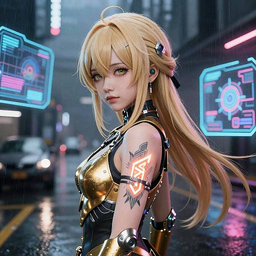 Digital art of a blonde, futuristic anime girl with glowing tattoos, neon-lit cyber city, wet street, and glowing holographic screens.