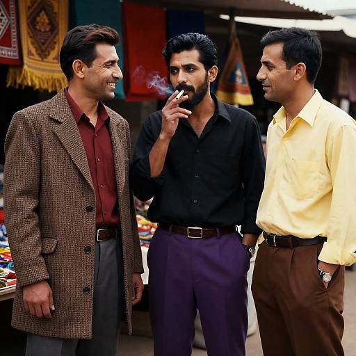 Market Scene with Three Stylish Men