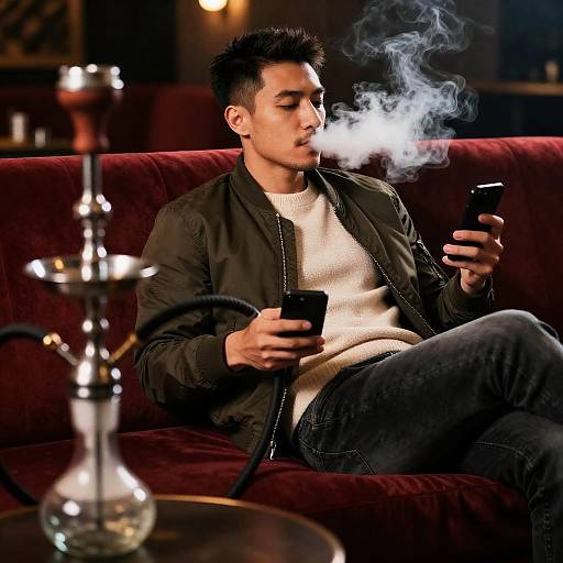 Relaxed Man Smoking Shisha Indoors