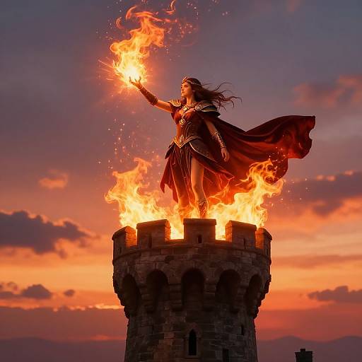 Mage Girl Casting Fire Spell at Sunset