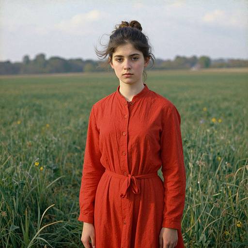 Photograph of a young woman with dark hair in a bun, wearing a red button-up dress, standing in a green, grassy field with a