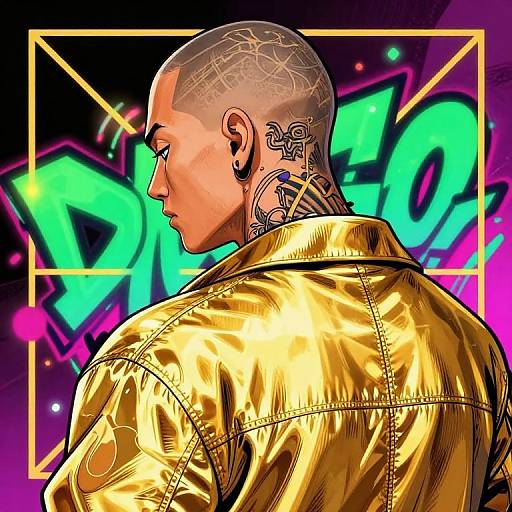 Digital illustration of a bald, dark-skinned man with intricate back tattoos, wearing a shiny gold jacket, facing left against a vibrant, neon 