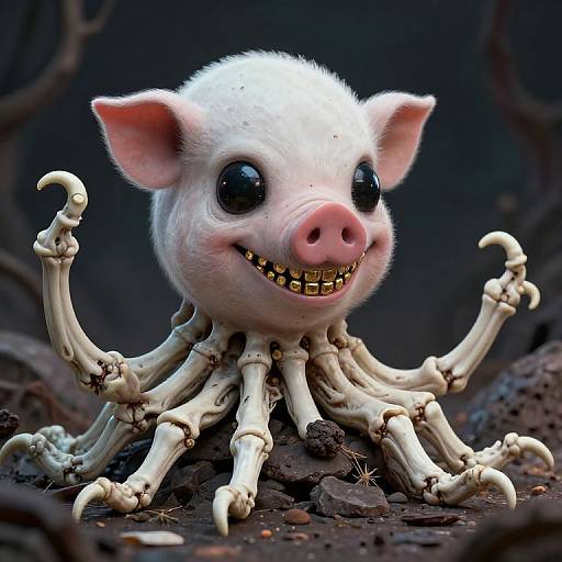 Digital CGI artwork of a cute, white, cartoon pig with large black eyes and a toothy grin, standing on multiple white, skeletal, arched