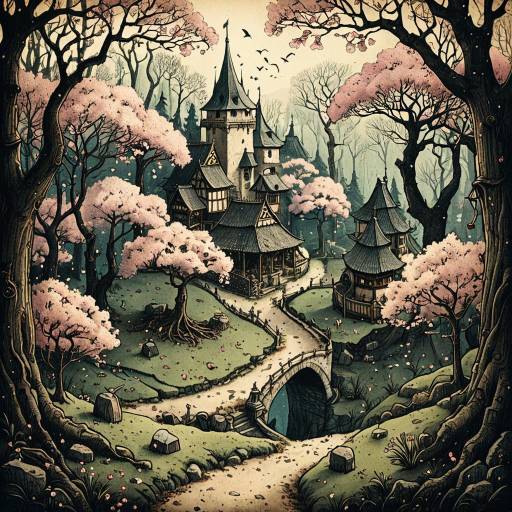 Medieval Fantasy Sakura Grove Illustration