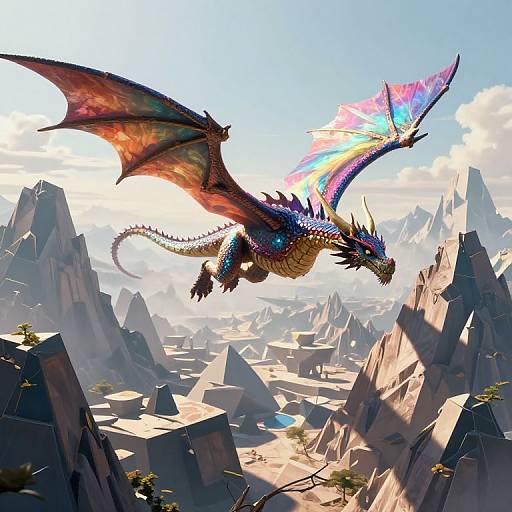 Digital artwork of a vibrant dragon with red and blue scales, iridescent wings, flying over a rugged, mountainous landscape under a bright sky.