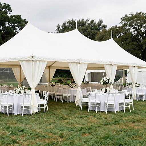 Photograph of a white tent with draped curtains, surrounded by white chairs and tables adorned with white floral arrangements, set on a grassy lawn with trees