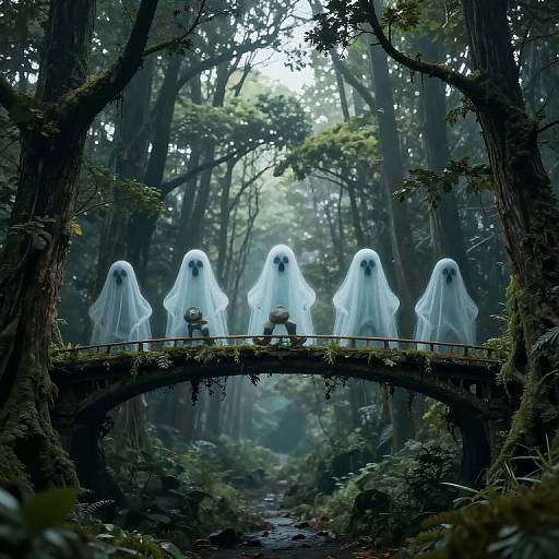 Photograph of a misty forest bridge, five ghostly white figures with hooded robes walk alongside two small, human-like figures, surrounded by tall