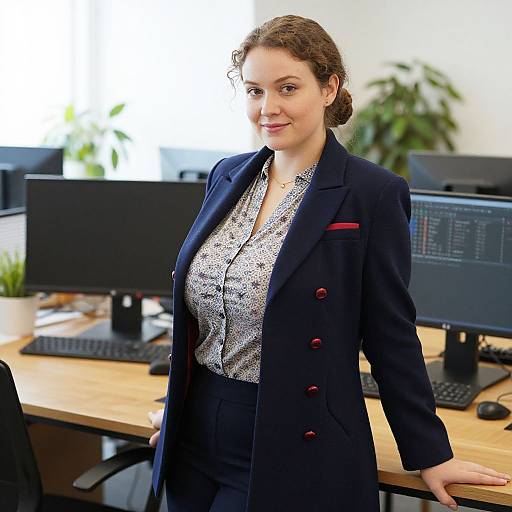 Photograph of a smiling Caucasian woman with curly brown hair, wearing a black blazer, white patterned blouse, and dark pants, standing in a