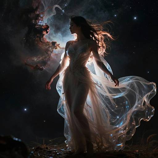 Silhouetted woman in flowing, ethereal dress stands against cosmic backdrop of glowing nebula and stars, with shimmering fabric illuminated by light.
