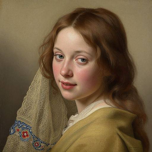 Digital painting of a young Caucasian woman with fair skin, brown wavy hair, blue eyes, pink cheeks, and a gentle smile. She wears a