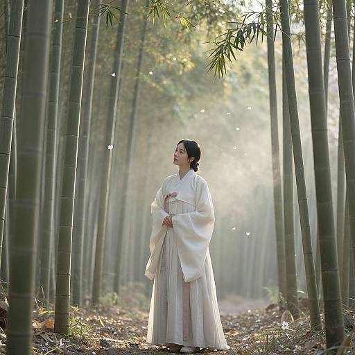 Photograph of an East Asian woman in traditional white kimono standing in a serene bamboo forest, sunlight filtering through leaves.