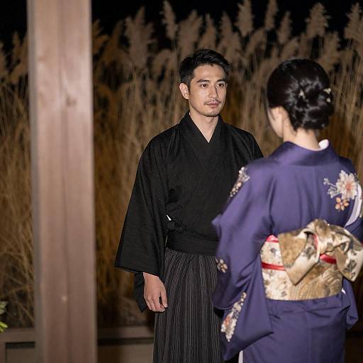 Couple in Traditional Japanese Clothing at Night