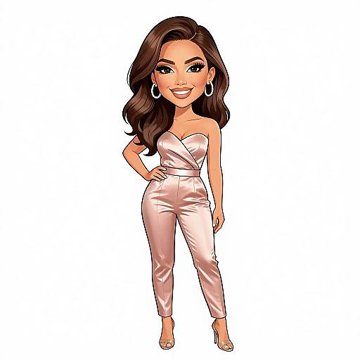 Cartoon-style illustration of a smiling woman with long brown hair, wearing a shiny pink strapless jumpsuit and matching high heels, standing confidently with one