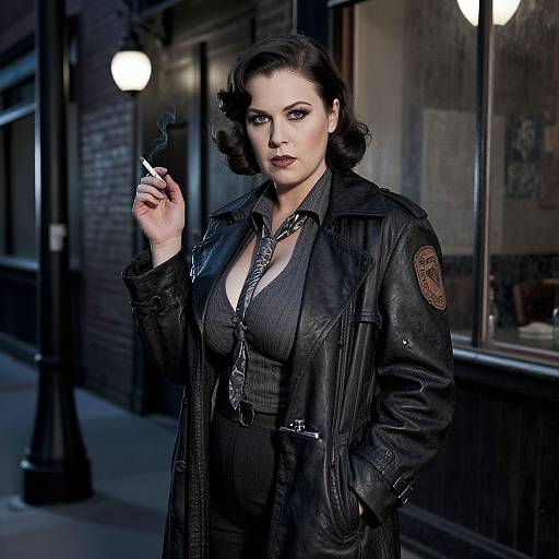 Photograph of a serious, pale-skinned woman with dark, wavy hair, wearing a black leather jacket and button-up shirt, smoking a cigarette