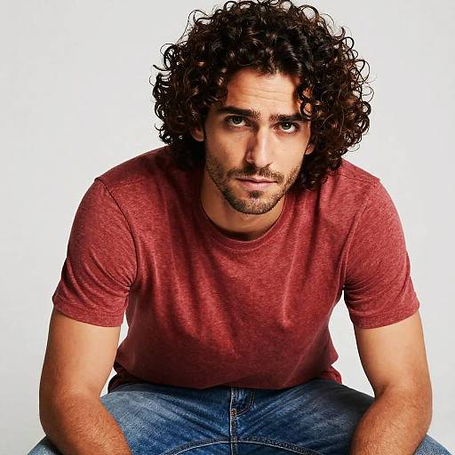 Curly Haired Man in Red T-Shirt and Blue Jeans