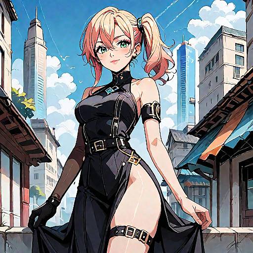 Anime-style digital drawing of a blonde woman in a black, high-slit dress with belts, standing in a sunny urban alley.