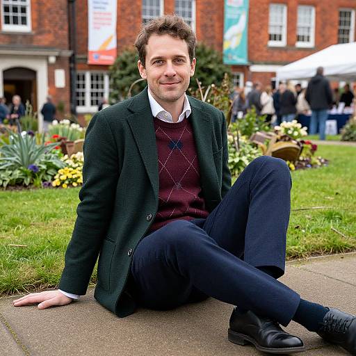 Photograph of a smiling man with curly brown hair, wearing a dark green blazer, maroon diamond-patterned sweater, black pants, and black