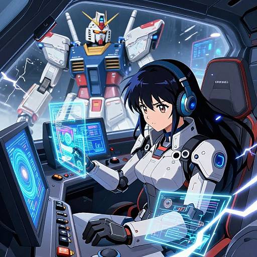 Anime-style digital art of a black-haired woman in a white futuristic pilot suit, controlling holographic screens in a cockpit with a robotic mecha in the