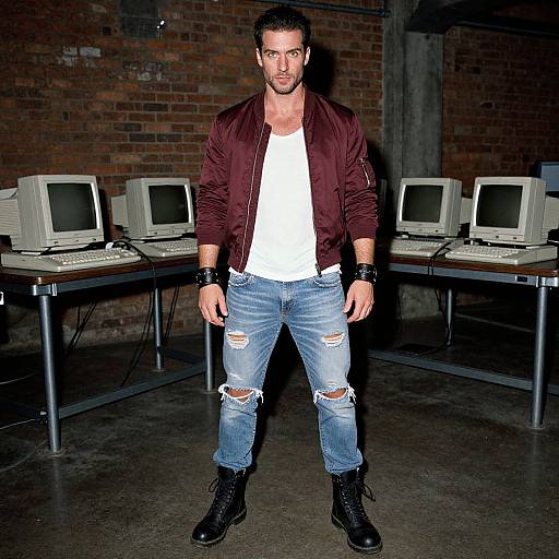 Photograph of a muscular man with short dark hair, wearing a maroon jacket, white t-shirt, ripped blue jeans, and black boots, standing