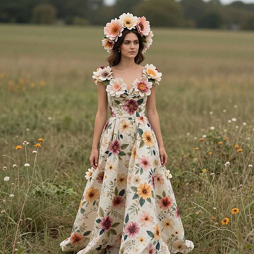 Photograph of a woman in a floral dress and flower crown, standing in a grassy field with wildflowers, under a cloudy sky.