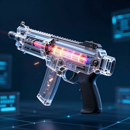 Glowing, futuristic, transparent laser gun with neon lights, black grip, floating against a dark, digital grid background. Photorealistic CGI.