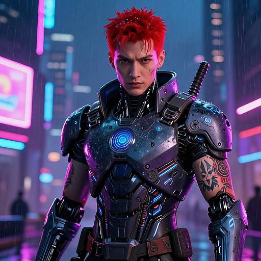 Digital art of a red-haired, cyberpunk warrior with neon-lit armor, glowing blue chest emblem, and tattooed arm, standing in a rainy