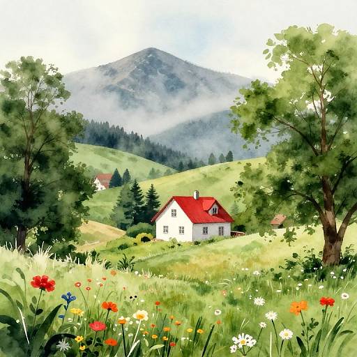 Watercolor-style painting of a quaint white house with red roof nestled in a vibrant green meadow, surrounded by trees and colorful wildflowers, with mist