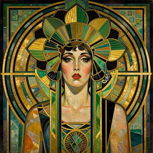 Digital painting of a woman with fair skin, red lips, and dark eyes, wearing a colorful, ornate headdress with green, black, and