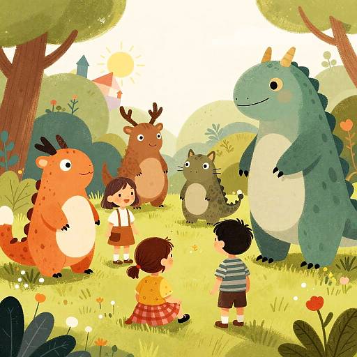 Whimsical digital illustration of five children and four friendly, colorful dinosaurs in a sunny, grassy meadow with trees and flowers.