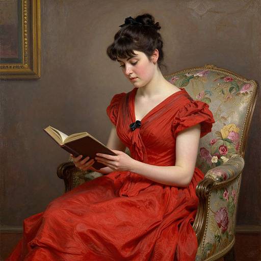 Victorian-style painting of a pale-skinned woman with black hair in an updo, wearing a red dress, reading a book in a floral arm