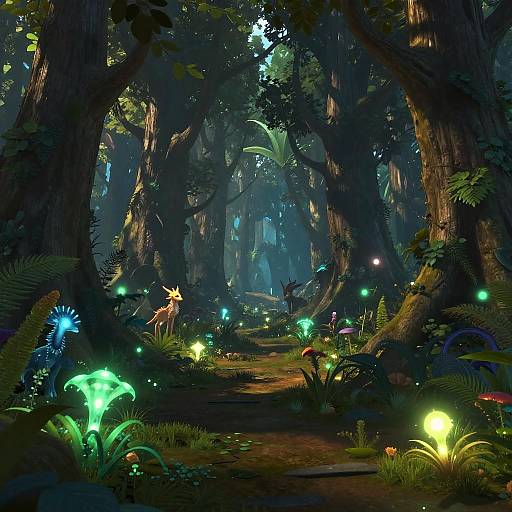 Enchanted forest scene in digital art, featuring glowing mushrooms, bioluminescent plants, and ethereal creatures illuminated by soft, magical lights.