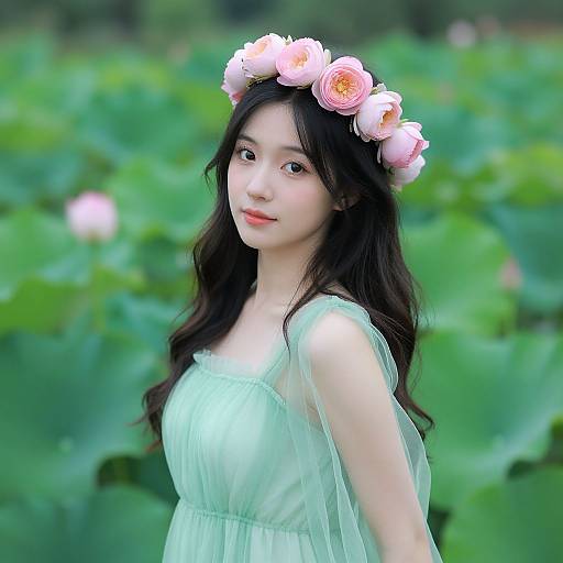 Photograph of an Asian woman with long black hair, wearing a pastel green dress and a pink flower crown, standing in a lush green field of