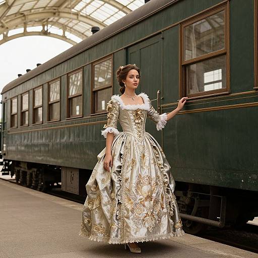 Elegant Woman in Baroque Dress by Train