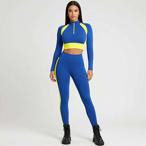 Photograph of a confident woman with long black hair, wearing a blue and yellow athletic outfit with long sleeves and high-waisted leggings, black boots