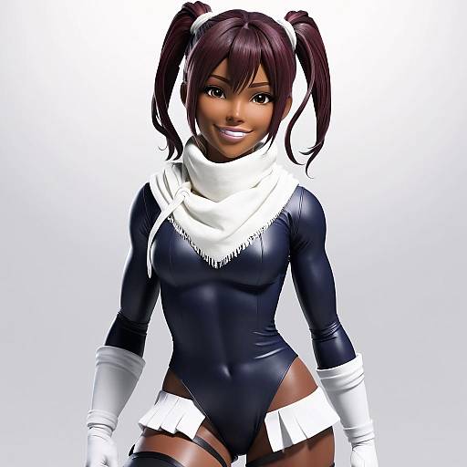Digital illustration of a smiling Black woman with dark brown skin and twin ponytails, wearing a black latex bodysuit, white scarf, gloves, and