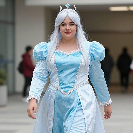 Photograph of a young woman with long white hair, wearing a blue and white princess costume with puffed sleeves, and a tiara, walking outdoors
