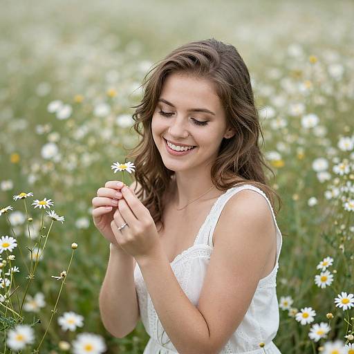 Photograph of a smiling young woman with wavy brown hair, wearing a white sleeveless top, holding a daisy in a sunlit field of