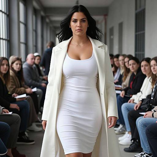 Photograph of a confident woman with long black hair, wearing a white dress and long white coat, walking down a runway in front of a seated audience