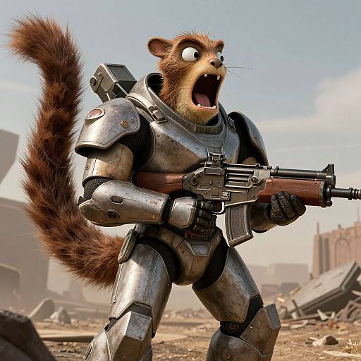 CGI image of an anthropomorphic squirrel in metallic armor, wide-eyed and shouting, holding a rifle in a post-apocalyptic wasteland.