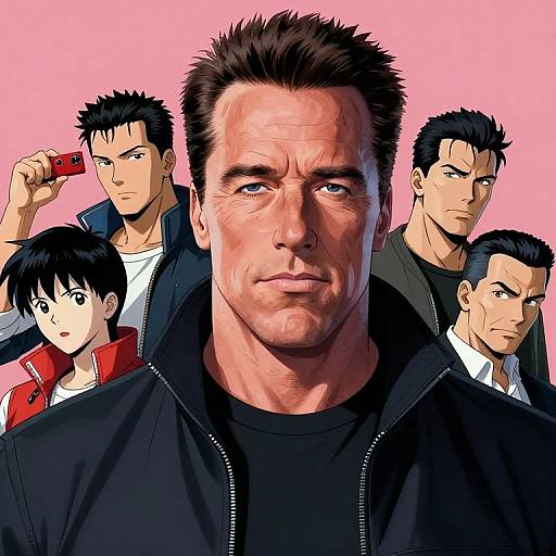Digital anime-style illustration of a muscular, serious-looking man with spiky brown hair in the center, surrounded by four similarly styled, stern-looking men in