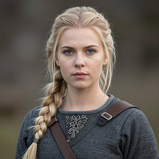 Photograph of a young blonde woman with braided hair, blue eyes, wearing a gray medieval-style shirt, and brown leather strap, against a blurred