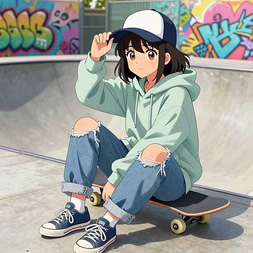 Anime-style drawing of a teenage girl in a green hoodie, ripped jeans, and black sneakers, sitting on a skateboard in a colorful, graffiti-covered skate