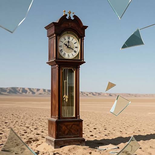 Photograph of a wooden clock standing in a desert, surrounded by floating glass shards against a clear blue sky.