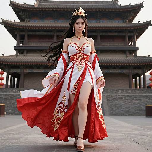 Digital artwork: Asian woman with long black hair, white and red ornate dress, gold crown, and red high heels, walks confidently in front of