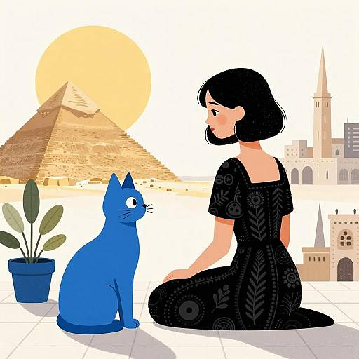 Surreal Scene with Woman and Blue Cat