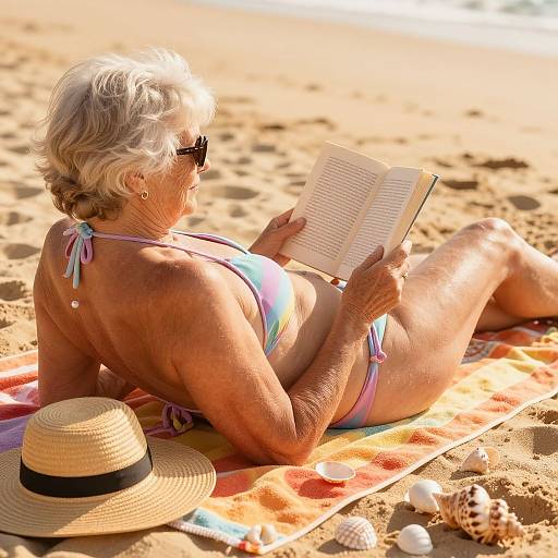 Photograph of an elderly white woman with short, curly gray hair, wearing sunglasses and a colorful bikini, lying on a beach towel, reading a book