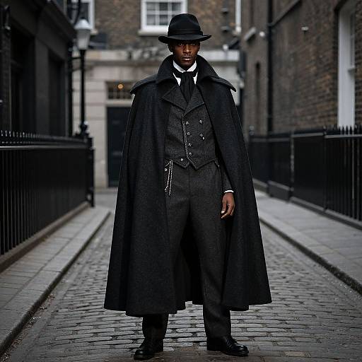 Photograph of a Black man in Victorian-style black clothing, long coat, and hat, standing on a narrow, cobblestone street.
