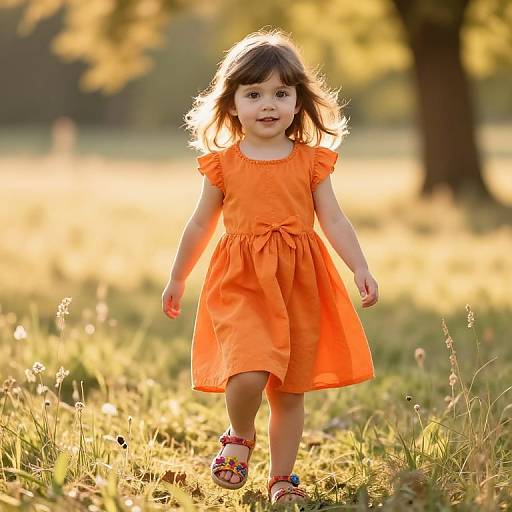Photograph of a young girl with fair skin and brown hair in an orange dress and colorful sandals, walking through a sunlit grassy field with blurred