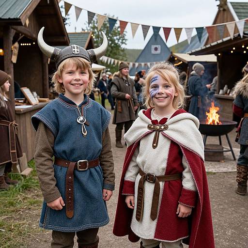 Photograph of two smiling children in medieval Viking costumes, one with a horned helmet and blue tunic, the other with a red and white cape