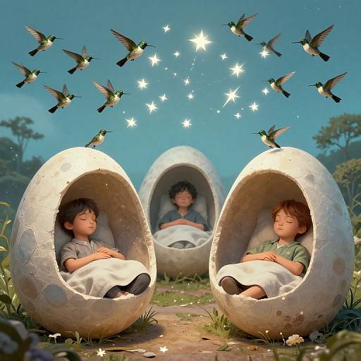 Digital artwork of two sleeping children in white, egg-shaped huts, surrounded by flying hummingbirds and sparkling stars, under a blue sky.